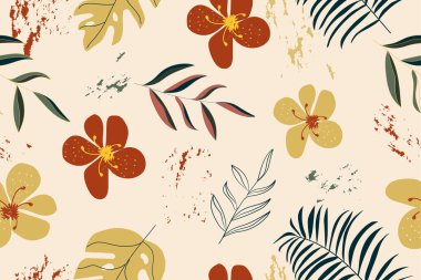 Kusursuz desen, tropikal yaprak elementleri ve çiçek tasarımı için modern tarz. Paket kağıdı, tekstil, kartpostal için soyut vektör asgari şablonu