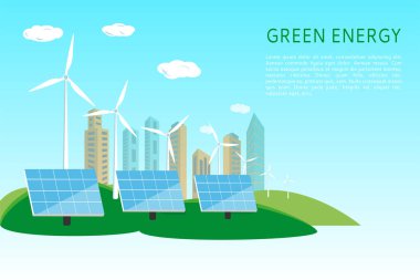 The concept of renewable energy sources from the sun and wind turbines. Green energy resources. Vector illustration