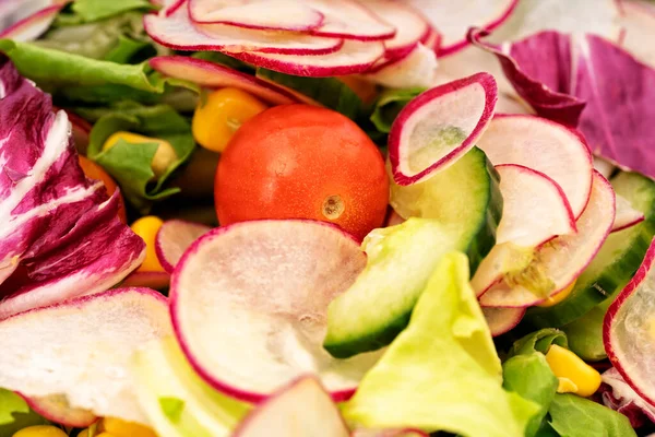 Close Fresh Healthy Salad Cherry Tomatoes Cucumber Radishes Mixed Greens Imagen de archivo