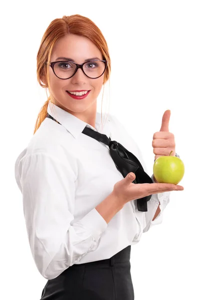 Beautiful Young Businesswoman Holding Apple Raising Thumb Isolated White Background Лицензионные Стоковые Фото