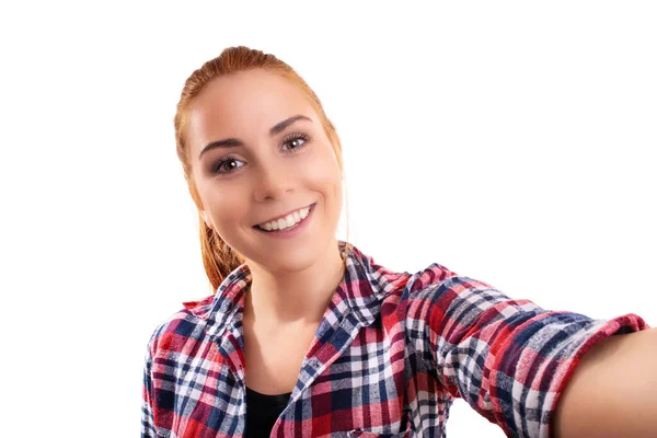 Close Beautiful Young Smiling Girl Taking Selfie Isolated White Background lizenzfreie Stockfotos