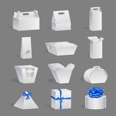 Beyaz hediye paketi gerçekçi tasarım şablonu. Taşımak için tutacağı, vitrini ve şenlikli pruva dekoru olan karton bir kap. Boş paketler modelleme izometrik vektörü