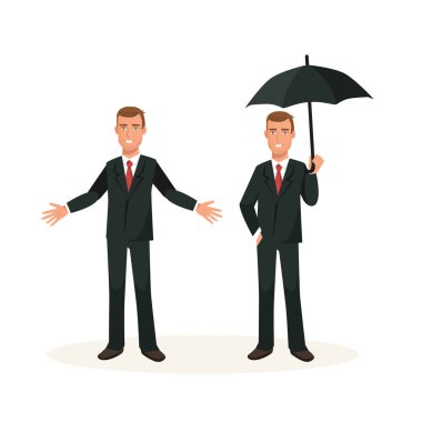 Siyah smokin giyen, gülümseyen yakışıklı adam hoş geldin jesti ve şemsiye seti taşıyor. Takım elbiseli mutlu centilmen ellerini kaldırarak yağmura karşı koruyucu şeyler tutuyor.