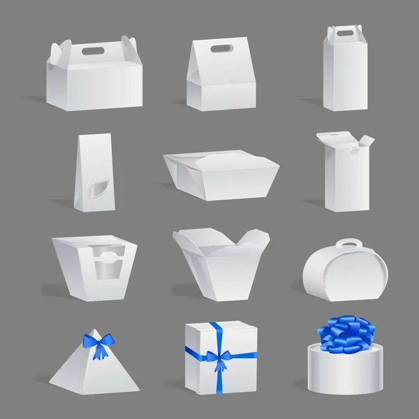 Pacote Caixa Presente Branco Conjunto Modelo Design Realista Recipiente Papelão —  Vetores de Stock