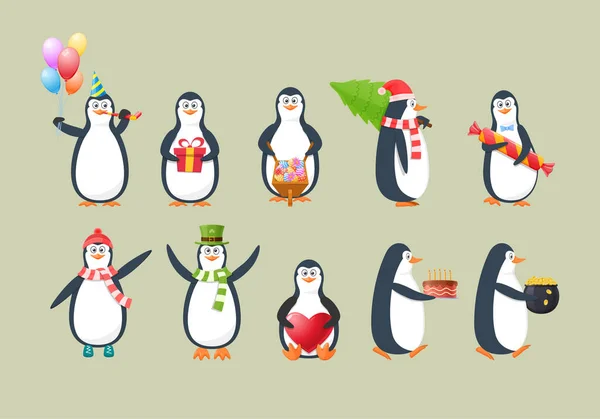 Lustigt Barnsligt Pingvinset Underbara Pingviner Som Bär Vinterkläder Bär Gåvor — Stock vektor