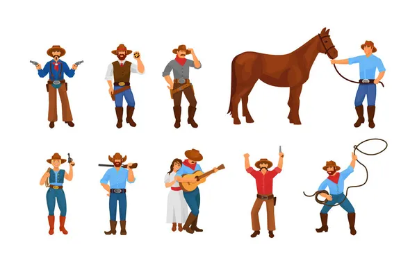 Set Traditional Wild West Characters Vintage Western Habitant Cowboy Sheriff — Stock Vector