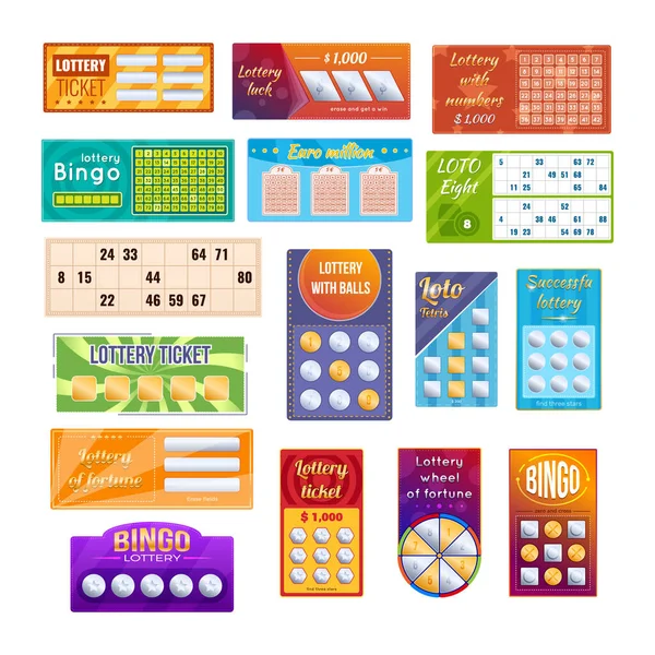 Realistic Bright Lottery Ticket Set Gambling Lucky Bingo Card Win — Stock Vector