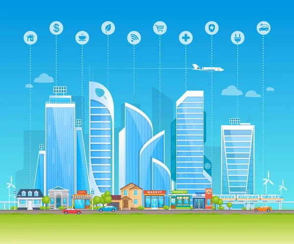 Smart Och Ekologisk Stad Modern Högteknologisk Stadsbild Med Skyskrapor Gatubutik Royaltyfria Stockvektorer