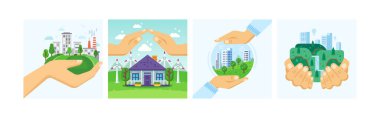 Şehri ekoloji korumasına alın. Modern kentsel çevre koruma günü konsepti. Yeşil parklı ve bahçeli ev. Alternatif yakıt ve güç üretimi, atık geri dönüşüm vektör karikatürü