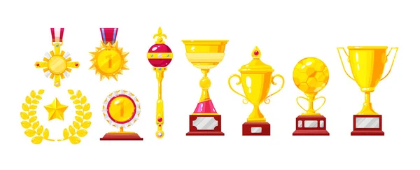 Золотая Награда Трофей Кубок Медаль Лавровый Венок Королевская Корона Скипетр — стоковый вектор