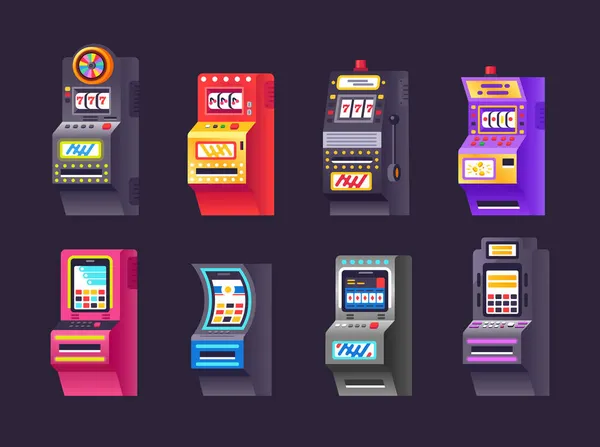 Изометрический Набор Игровых Автоматов Современный Игровой Прибор Деньги Выигрыш Амур — стоковый вектор