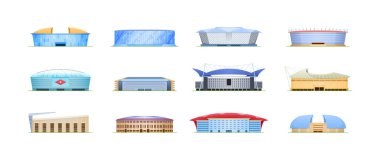 Spor stadyumu arena binaları hazır. Kamu takımı spor yarışması şampiyonası için mimarlık. Sahnesi olan modern bir yapı. Futbol, basketbol, voleybol vektörü düz