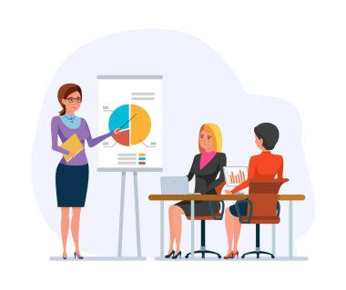İş dünyası takım toplantısında kadın ortaklar. İş kadını grafik diyagramında sunum yapıyor. Eğitim, rapor ya da seminer. Ofis vektörü düzlüğünde beyin fırtınası analizi
