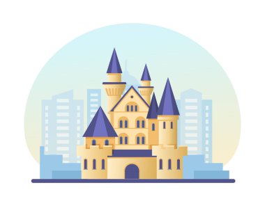 Modern gökdelenlerin şehir manzarasındaki peri masalı şatosu. Şehir mimarisi silueti inşa eden kuleleri olan lüks bir kır evi. Skyline dış görünüş. Şehir evi tasarımı çizgi film vektörü