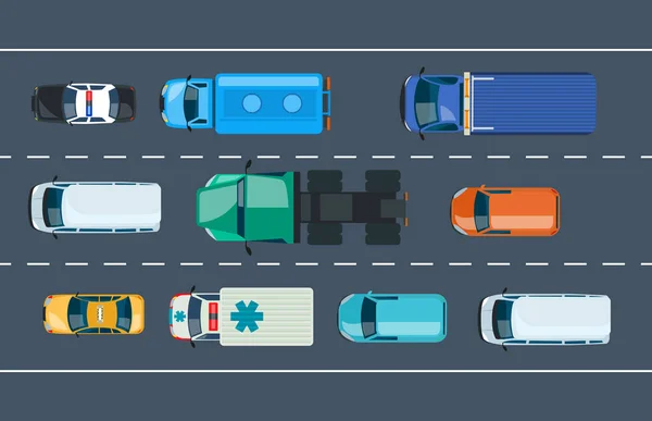 Otomobil Trafiği Işaretli Yol Manzarasında Şehir Yolunda Giden Araç Kamyon — Stok Vektör