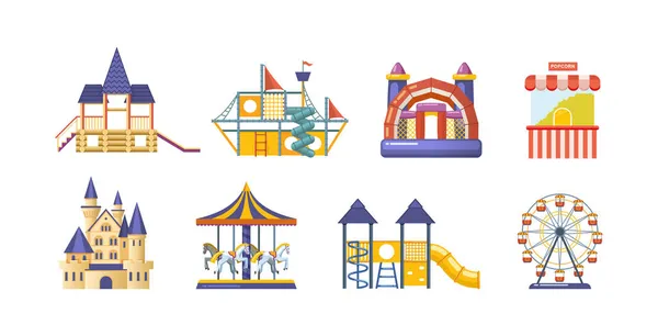 Amusement Park Carousels Set Childish Entertainment Equipment Circus Fun Fair — Stock Vector