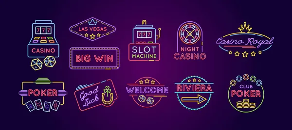 缝纫机霓虹灯图标集 Riviera 好运明亮的标志和标志 醒目的标志 路标或轻型横幅 赌博赌局电玩设计卡通人物 — 图库矢量图片