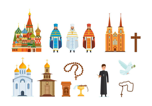 Church religious set. Spiritually faith cross, pastor, beads, cathedral, praying, God believe, white pigeon. Vintage and modern monastery abbey with holy clergyman in traditional outfit flat vector