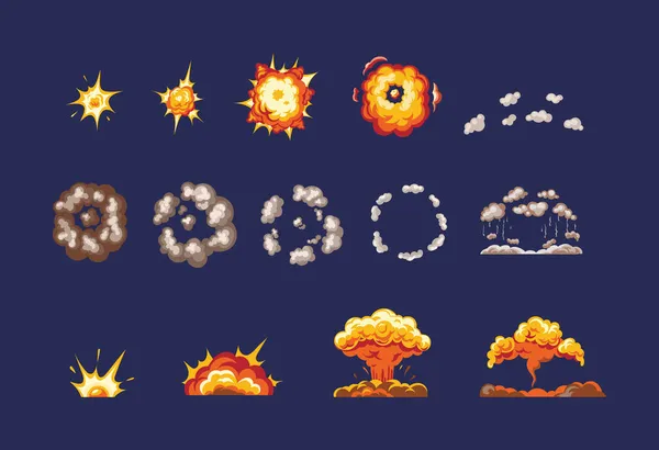 爆発効果のゲームのためのアニメーション 楽しい爆発の効果を持つフレーム漫画のアニメーションは 別のシーンに分かれていますフレームアートワーク 炎の煙 元素の炎 粒子ベクトルで燃焼 — ストックベクタ