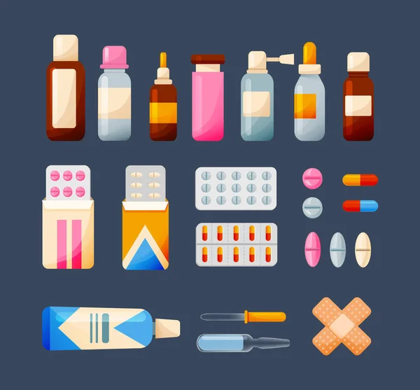 Conjunto Medicamentos Médico Farmacia Farmacéutico Frasco Líquido Cura Blister Píldoras — Vector de stock