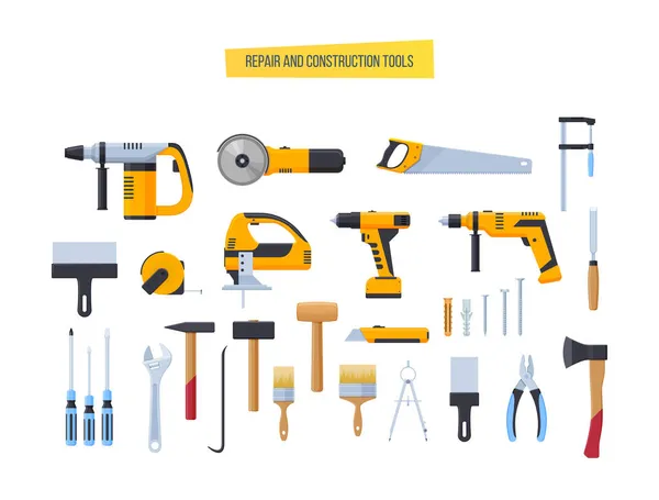 Building Repair Construction Tools Set Place Text Drill Hammer Screwdriver — Stock Vector