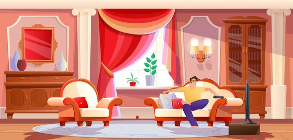 Расслабленный Домашний Человек Смотрит Телевизор Сидя Диване Доме Ретро Красный — стоковый вектор