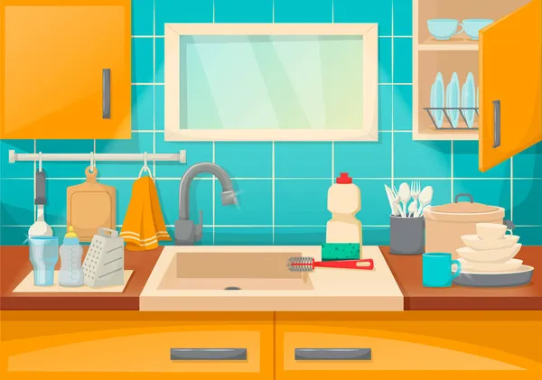 Czyste Wnętrze Kuchni Oślepiającymi Naczyniami Mycia Stos Naczyń Sprzątających Detergentem — Wektor stockowy