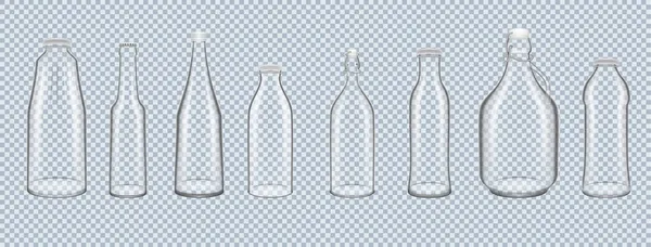現実的なガラス瓶セット 貯蔵および液体アルコールおよび柔らかいアルコール飲料を運ぶための透明な瓶 レモネード ジュース ビール ワインテンプレートベクトル用のガラス容器 — ストックベクタ