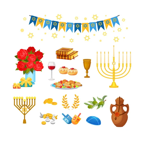 Набор Элементов Еврейского Традиционного Праздника Ханука Еда Десерт Декор Празднования — стоковый вектор