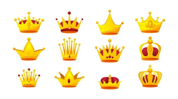 Χρυσό Σετ Στέμματος Αντίκα Βασιλικό Βασιλιά Βασίλισσα Κόμμωση Διακοσμημένα Πολύτιμους — Διανυσματικό Αρχείο