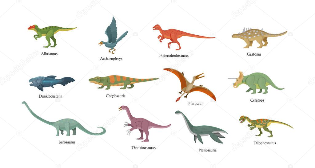 Prehistoric animals set. Antique birds, fishes, dinosaurs, amphibious with names inscription. Infographic ancient extinct monsters predators. Carnivorous dino from Jurassic period cartoon vector