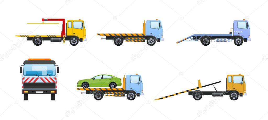 Tow truck car set. Cargo automobile for towing transport, trucking vehicle, towage help on road. Towed auto service. Assistance at crush, repair problem, emergency evacuation side view cartoon vector