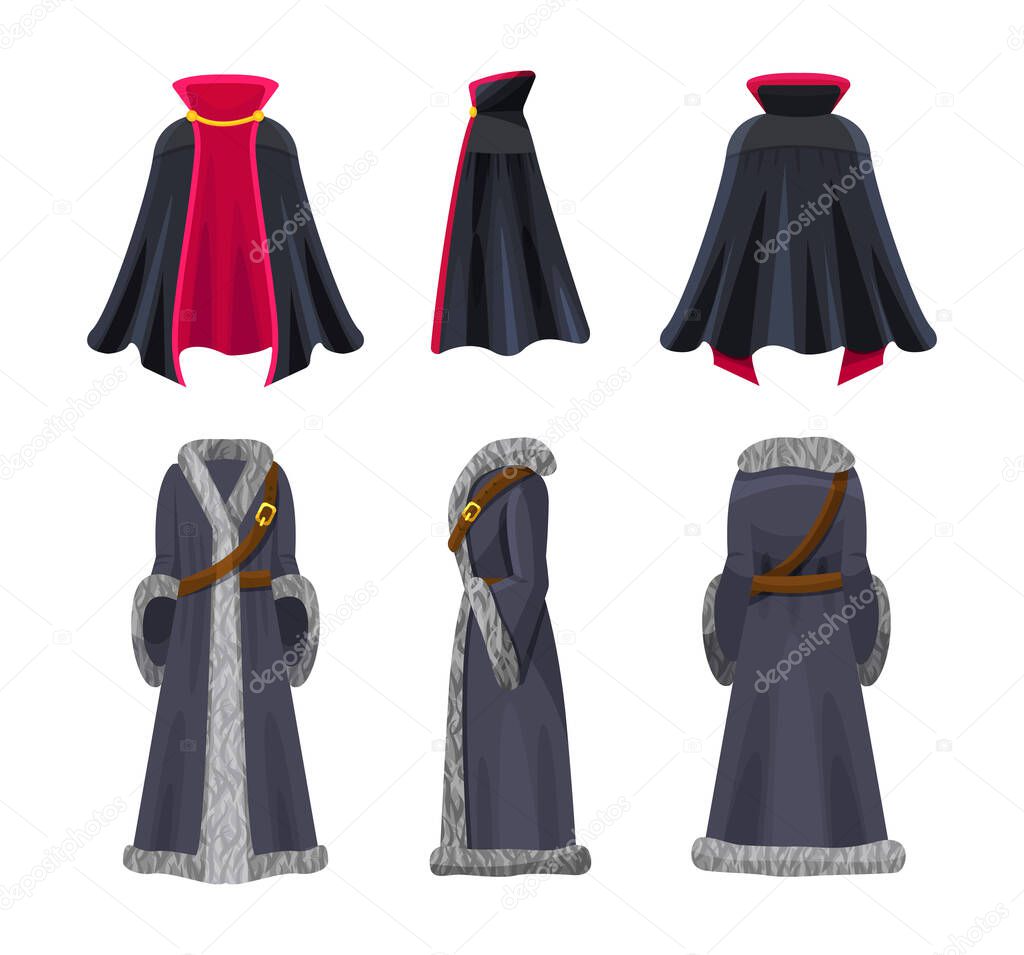 Cloak costume set front, back and side view. Clothes accessory of fairy tale characters vampire and king or knight. Apparel for Halloween or theme party decorated with design elements flat vector