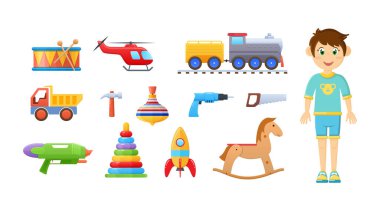 Çocuksu oyuncakları olan mutlu çocuk. Çocuk oyuncakları davul, tren, helikopter, kamyon, çekiç, girdap, çekiç matkabı, piramit, roket, sallanan at. Çocuklar eğlence düz vektörü
