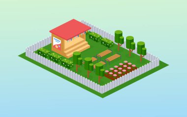 Park Isometric 'te oynamak için açık hava çocuksu sahne tiyatrosu. Oditoryum yeşil bitkiler ve çitler için yedek kulübesi. Çocuklar için sokak tiyatrosu karikatür gösterisi