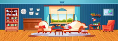 Boş konforlu oturma odası, penceresinden kış manzarası görünen retro iç mekan. Koltuğu, masası, perdesi, dolabı, koltuk vektör karikatürü olan konforlu bir ev.