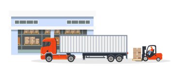 Paket deposunu yükleyip boşaltıyorum. Teslimat kamyonu ve forklift yük kutularını arabaya koyuyor. Posta ya da kargo sevkiyatı. Ticari ekspres dağıtım vektörü düz
