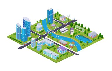 Modern şehir harici harita izometrisi. Şehir merkezindeki altyapı caddesi gökdeleni, atlıkarıncalı çocuk parkı, slaytlı çocuk parkı, konut evi vektör karikatürü.