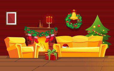 Sıcak Noel dekore edilmiş retro kırmızı oturma odası. Xmas geleneksel dekoru ladin, çorap, çelenk, şömine, ökseotlu köknar çelengi, mum, bayram arifesi düz vektörü ile rahat mobilya lobisi