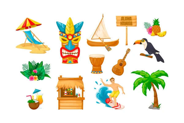 Tropisch Hawaï Zomer Vakantie Set Traditionele Exotische Etnische Masker Strand — Stockvector