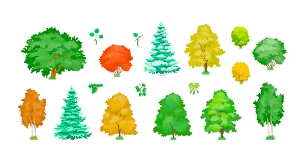 雪の木のセット クローバー オーク 紅葉と茂みのメイプル 自然林有機植物 生態系植物の森の例を残します 植物生物学研究ベクトル漫画 — ストックベクタ