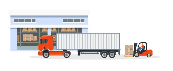 Chargement Déchargement Entrepôt Colis Camion Logistique Livraison Chariot Élévateur Mettant — Image vectorielle