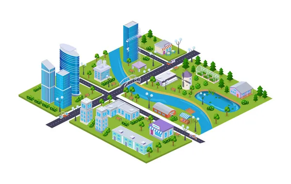Moderne Stadtplan Isometrie Infrastruktur Straßenviertel Wolkenkratzer Innenstadt Kindlicher Park Mit — Stockvektor