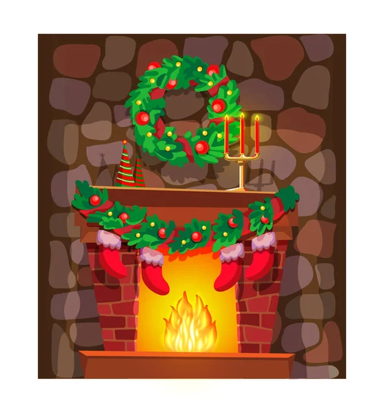 Christmas Greeting Card Postcard Fireplace White Frame Celebrating Traditional Winter — Stock Vector