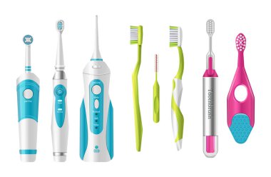 Plastik diş fırçaları seti, diş fırçalamak için farklı şekiller. Kişisel diş hijyeni, diş fırçası diş elektrikli ekipman, modern fırçalanmış takım ekipmanları, diş ve diş etleri vektör önlenmesi