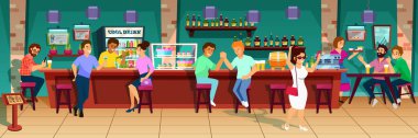 İnsanlar, ziyaret edenler ve barmenler modern bar ve kafe bar iç. Grup barın arkasındaki insan iletişim, cihazlar, içki, alkol şişeleri, kek, bira, raflar kullanın. Karikatür vektör.