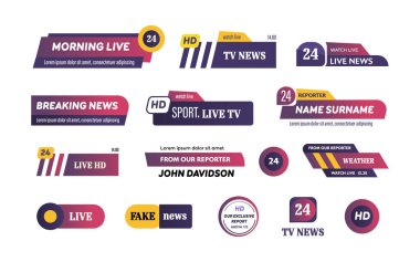 Canlı haber logosu. Video yayıncılığı ve televizyon kanalı, filmler, videolar HD simgesinde. Televizyon dekoratif tasarımı için şık düğmeler. Metin düz vektörü ile sanal uzay eğlence arayüzü