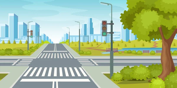 Kavşak Trafik Işıkları Ile Şehir Yolu Boş Kentsel Sokak Trafik — Stok Vektör