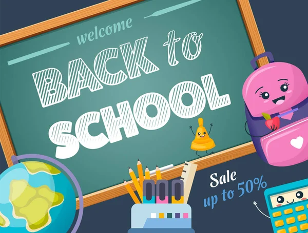 Välkommen Tillbaka Till Skolan Blackboard Med Karaktär Rolig Leende Penna — Stock vektor