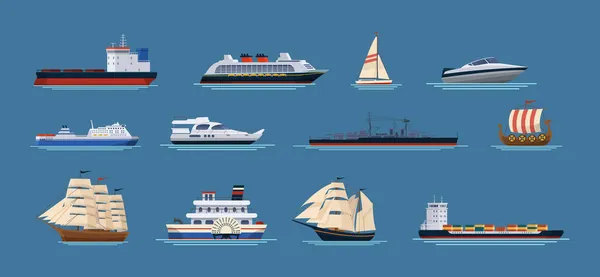 水运装置 现代复古船舶载具海上漂流 用于货物运输和旅客旅行的船舶运输 维京船 老式航海卡通矢量 — 图库矢量图片